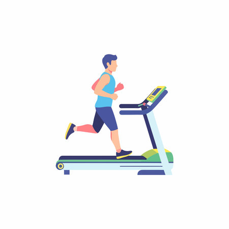 Male figure in blue activewear running on a multi-colored treadmill. Features a digital display, vibrant hues, and a dynamic pose.のイラスト素材