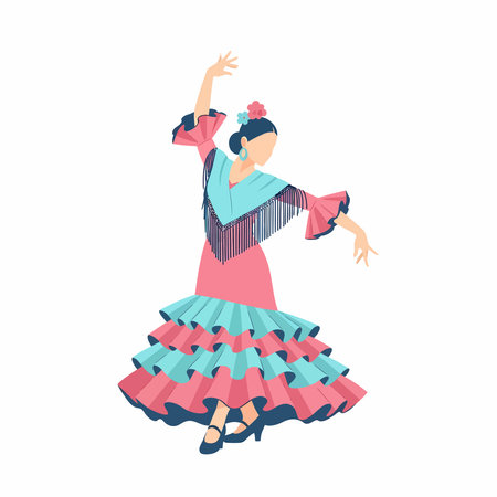 A woman in a vibrant pink and turquoise ruffled dress with a fringed shawl performs a traditional Spanish dance, her arms raised gracefully.のイラスト素材