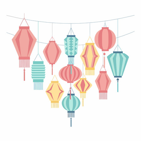 A group of decorative paper lanterns in pink, teal, and yellow, with different geometric shapes and tassels, hanging from a thin line.のイラスト素材