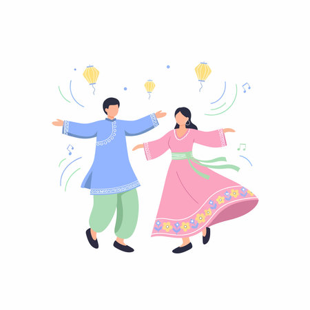 A man and woman, dressed in vibrant, patterned traditional clothing, dance with outstretched arms, exhibiting joyful expressions. Their garments feature intricate details and embroidery.のイラスト素材