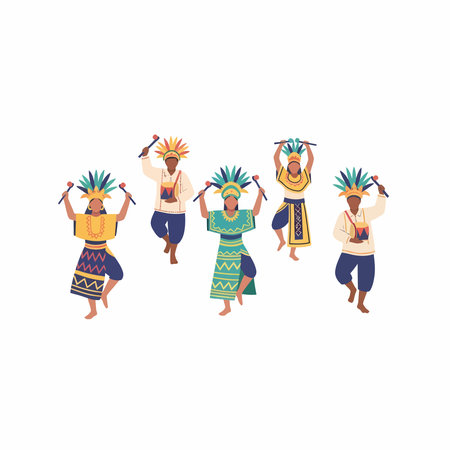 Five individuals in vibrant, patterned clothing and feathered headdresses are depicted dancing, holding maracas and drums, suggesting a cultural celebration or performance.のイラスト素材