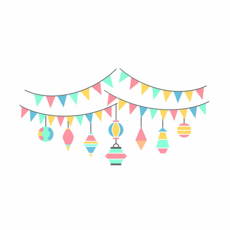 A garland featuring pastel-colored pennants and hanging decorative lanterns in various shapes and designs, creating a celebratory and whimsical atmosphere.のイラスト素材