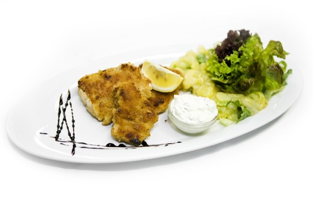 Serving of delicious fried fish with tartare sauce and salad greens on an oval platterの写真素材