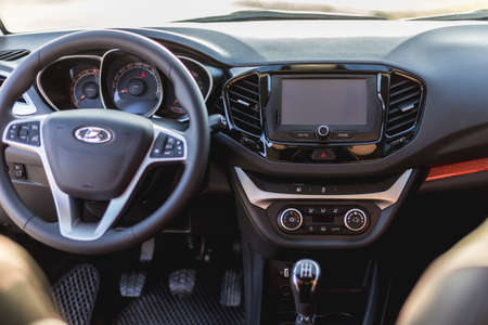 RUSSIA, MAKHACHKALA - November 11, 2019: The dashboard of the Lada Vesta Cross car. The interior of...