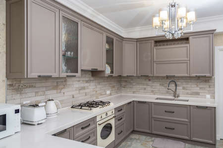Kitchen room with modern furniture and accessories. Kitchen interior and design.の写真素材