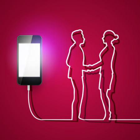 Mobile phone with charger man and woman connection on red backgroundのイラスト素材