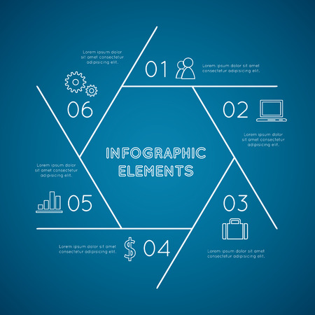 Infographic elements with pentagon shape consists of six separate parts created from outlines. 
Each part has dedicated text and simple sign. Background of picture is blue.のイラスト素材
