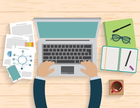 Realistic workplace organization. Top view with textured table, computer, note paper, glasses, diary and coffee mug.のイラスト素材