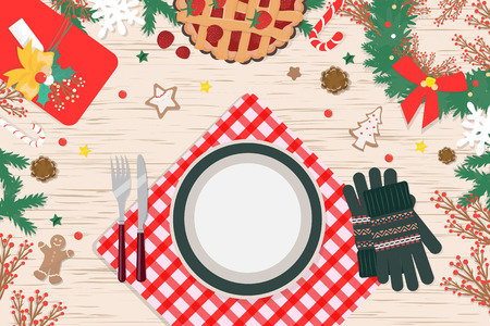 Christmas Dinner on wood table Vector Design.のイラスト素材