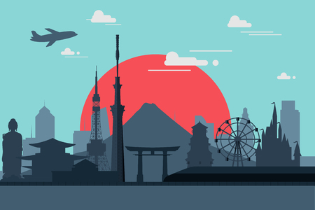 Silhouette illustration of Tokyo city in Japan.Japan landmarks Famous buildings.のイラスト素材