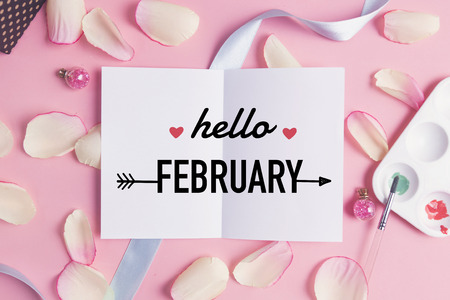 Hello february on pastel background.の写真素材