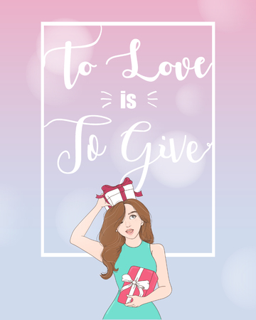 Woman holding gift box. Frame with copyspace.のイラスト素材