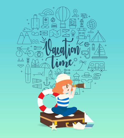 Girl playing with toy sailing boat.Travel and adventure concept.のイラスト素材