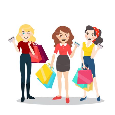 Cartoon woman group with shopping bag and credit card.のイラスト素材