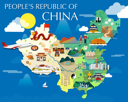 People's republic of China map with colorful landmarks illustration designのイラスト素材
