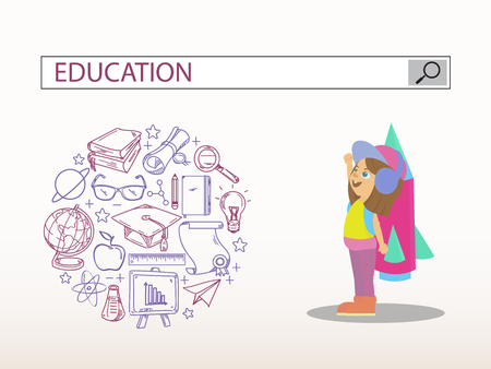 Little girl with rocket and education search engine bar illustration design.vectorのイラスト素材