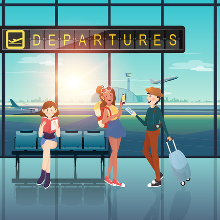 People with departures tag at airport flat designのイラスト素材
