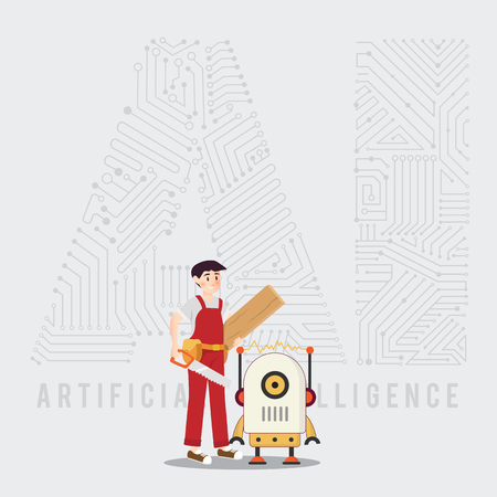 Carpenter and AI robot with high technology のイラスト素材