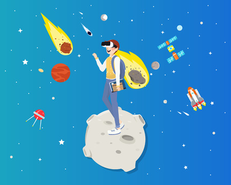 Man wearing virtual reality glasses in universe concept.のイラスト素材