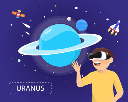 Man wearing virtual reality glasses, looking Uranus in universe concept.のイラスト素材
