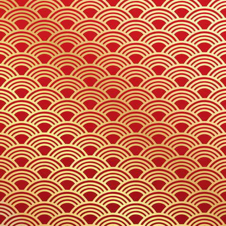 Golden Japanese wave pattern on red backgroundのイラスト素材