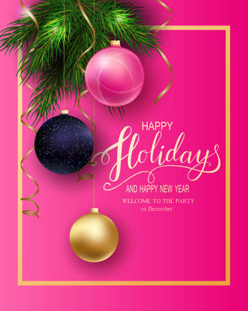 Holidays Greeting Card for Winter Happy Holidays. Fir-tree Branches frame with Lettering. 3d Balls on pink background, Vector Lettering calligraphy for greeting card, poster, invitationのイラスト素材