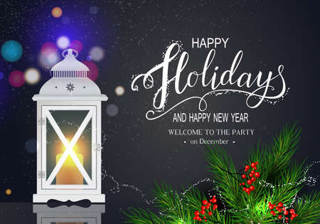 Holidays Greeting Card for Winter Happy Holidays.Lantern with Candle Light, 3d Balls with Bokeh...