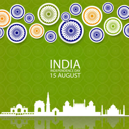 Indian independence day background with paper style Wheel Symbol and Taj Mahal flat building....