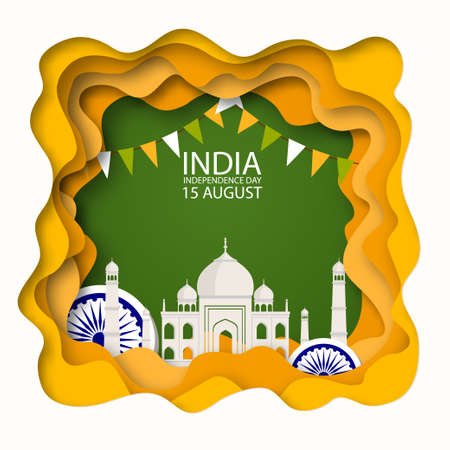 Indian independence day background White Origami Mosque.Paper cut Desert Cave Landscape. With Flags and Architecture in National Flag colors. Original design for decorative postcard, flyer, banner.のイラスト素材