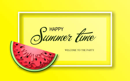 Summer time banner with pieces of watermelon, bright paper cut style design. Ideal for summer...
