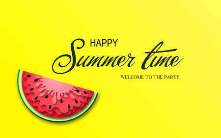 Summer time banner with pieces of watermelon, bright paper cut style design. Ideal for summer template, flyer, sale postcards, decorative banner design. Vectorのイラスト素材