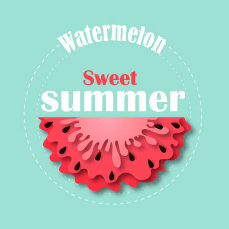 Watermelon icon in paper cut style. With black seeds. Vector Illustration isolated on white background. Template for decorative summer sale flyers, banners, cards.のイラスト素材