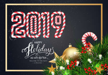 Holidays Greeting Card for Winter Happy Holidays. Fir-tree Branches frame with Lantern with Stars, 3d Balls on background.Vector Lettering calligraphy for greeting card, poster, invitationのイラスト素材