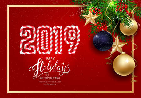 2019 Candy style Holidays Greeting Card for Winter Happy Holidays. Fir-tree Branches frame with Lantern with Stars, 3d Balls on background.Vector Lettering calligraphy for greeting card, poster, invitationのイラスト素材
