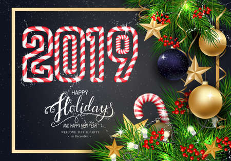 Holidays Greeting Card for Winter Happy Holidays. Fir-tree Branches frame with Lantern with Stars, 3d Balls on background.Vector Lettering calligraphy for greeting card, poster, invitationのイラスト素材