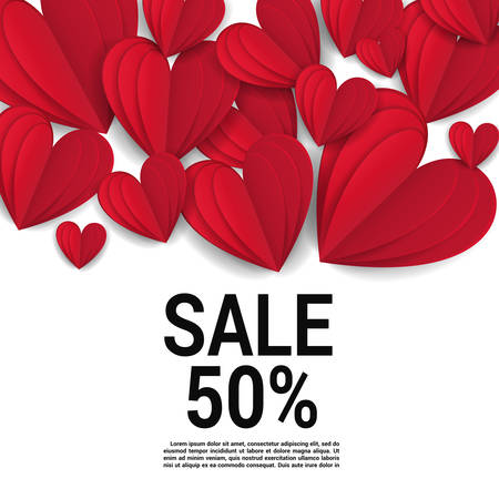Sale with Valentine hearts abstract composition with 3D hearts and bantings. illustration. Love Lettering calligraphy in a heart shape.のイラスト素材