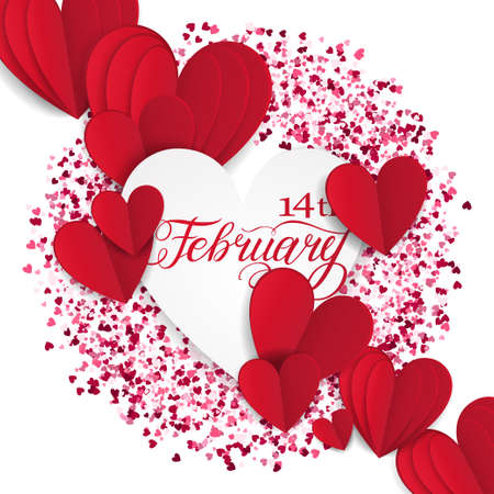 Happy valentines day romantic design elements. Red Pink and White hearts in a circle. 3D paper hearts Template design for banner, flyer, postcard. Lettering February the 14thのイラスト素材