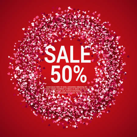 Sale with Valentine hearts abstract composition with 3D hearts and bantings. illustration. Love Lettering calligraphy in a heart shape.のイラスト素材