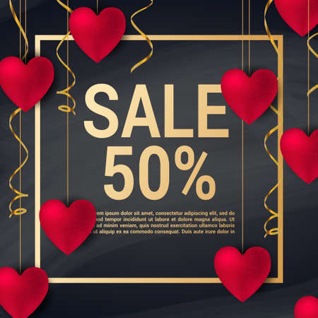 Sale with Valentine hearts abstract composition with 3D hearts and bantings. illustration. Love Lettering calligraphy in a heart shape.のイラスト素材
