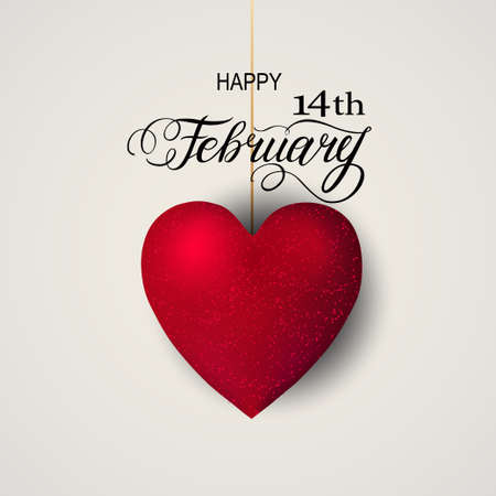 Happy valentines day romantic design elements. Red 3D Realistic heart with Lettering 14 February in frame. Template design for banner, flyer, postcardのイラスト素材