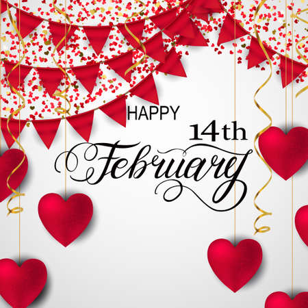 Happy valentines day romantic design elements. Red 3D Realistic hearts with Lettering 14 February in golden frame with Red Flags, Bunting. Template design for banner, flyer, postcardのイラスト素材
