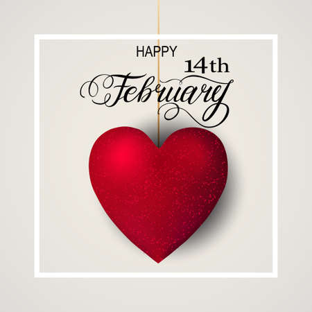 Happy valentines day romantic design elements. Red 3D Realistic heart with Lettering 14 February in frame. Template design for banner, flyer, postcardのイラスト素材