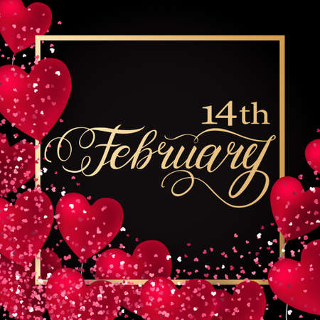 Happy valentines day romantic design elements. Red 3D Realistic hearts with Lettering 14 February in frame. Template design for banner, flyer, postcardのイラスト素材