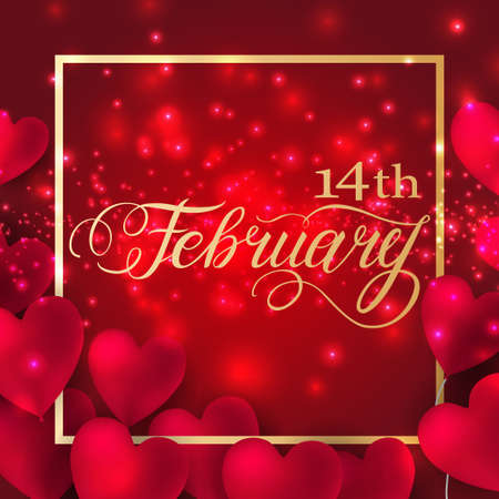 Happy valentines day romantic design elements. Red 3D Realistic hearts with Lettering 14 February in frame. Template design for banner, flyer, postcardのイラスト素材