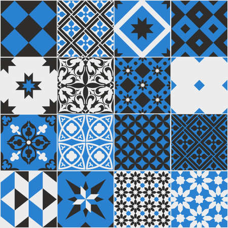 Seamless pattern of tiles. Vintage decorative design elements. Islam, Arabic, Indian, ottoman,patchwork handdrawn motifs. Perfect for printing on fabric or paper. Blue and black colorsのイラスト素材