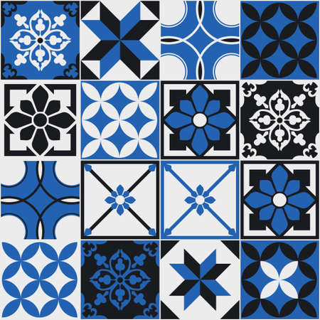 Seamless pattern of tiles. Vintage decorative design elements. Islam, Arabic, Indian, ottoman handdrawn motifs. Perfect for printing on fabric or paper. Blue and black colorsのイラスト素材