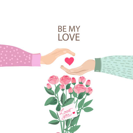 Fall in Love Couple Hands With rose bouquet and note Love you.Cute poster,14 th February card.Vector illustration of a couple in love. Flyers, invitation, poster, brochure, banner.のイラスト素材