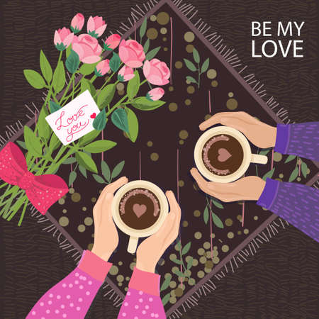 Fall in Love Couple, sitting around the table,drinking coffee.With rose bouquet and note Love you.Cute poster,14th February card.Vector illustration of a couple in love. Flyers, invitation, poster, brochure, banner.のイラスト素材