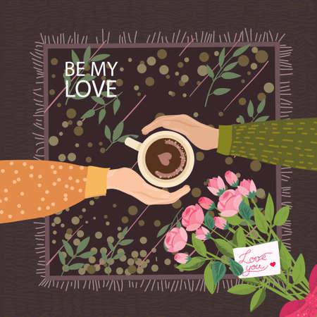 Fall in Love Couple, sitting around the table,drinking coffee.With rose bouquet and note Love you.Cute poster,14 th February card.Vector illustration of a couple in love. Flyers, invitation, poster, brochure, banner.のイラスト素材