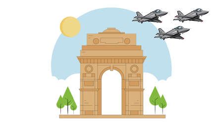 New Delhi : 03 May 2020 : A vector illustration of the famous India gate with three  Jet fighters.のイラスト素材
